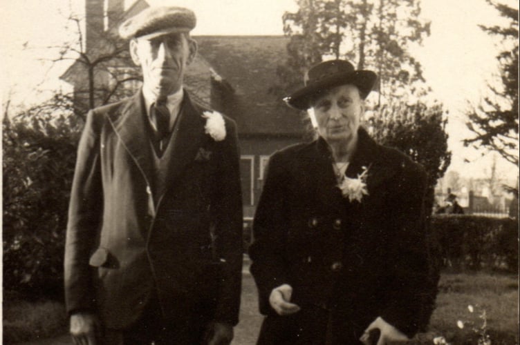 William Crumplin and his mother at a family wedding at Badshot Lea in 1949, in front of headteacher, Rankine’s, house