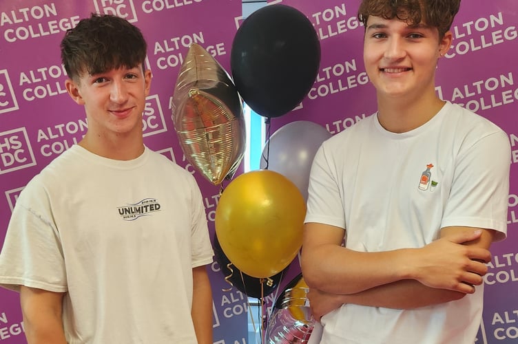 Matthew Cooke and Morris Pagett celebrate their results at Alton College, August 17th 2023.