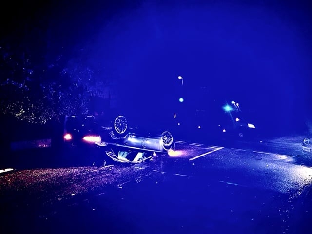 A car overturned after hitting a lamppost in Upper Hale Road, Farnham, in the early hours of Friday, September 22